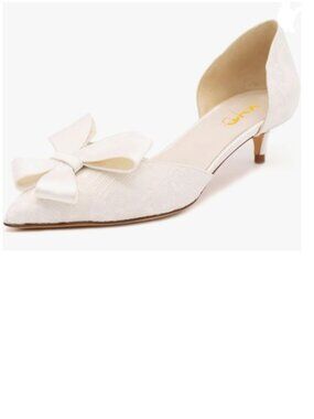 XYD White D'Orsay Kitten Heel Bridal Bowknot Pumps Elegant Pointed Toe Shoes
